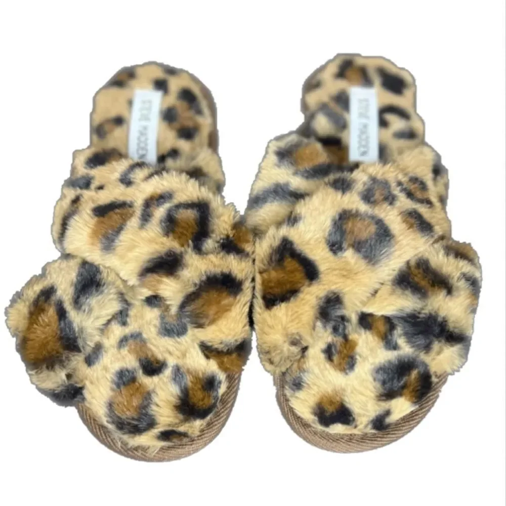 Steve Madden Fur Slippers Women Leopard Print Criss Cross Slippers Sandals Sz 7 - Picture 3 of 11